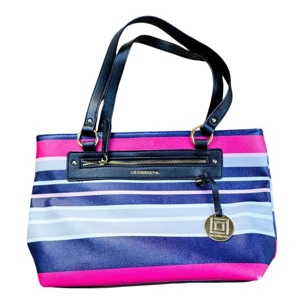 Liz Claiborne Tote Bag Womens Multicolor Striped Zipper Handbag Shoulder Purse